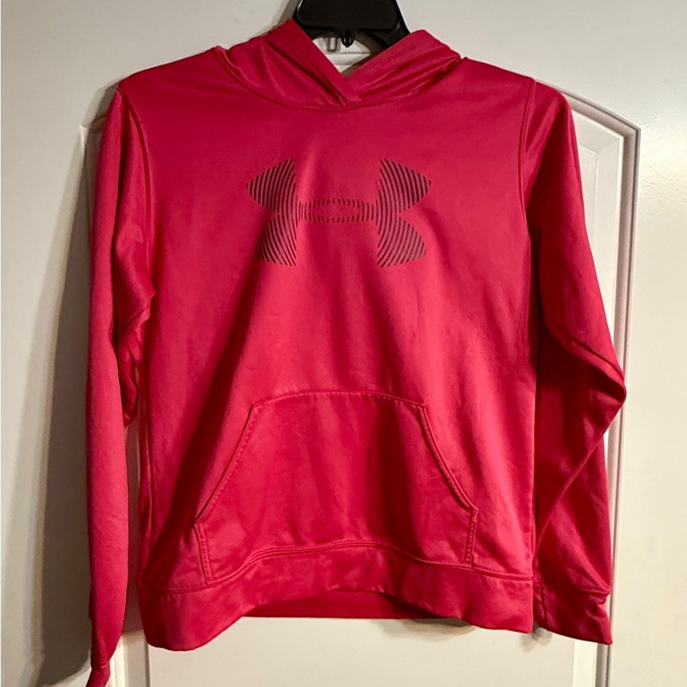 Under Armour Hoodie‎ Womens Medium Pink Excellent Graphic Logo Fleece Pullover